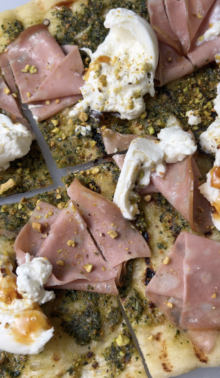 Pistachio Pesto, Burrata, and Mortadella Grilled Flatbread Recipe